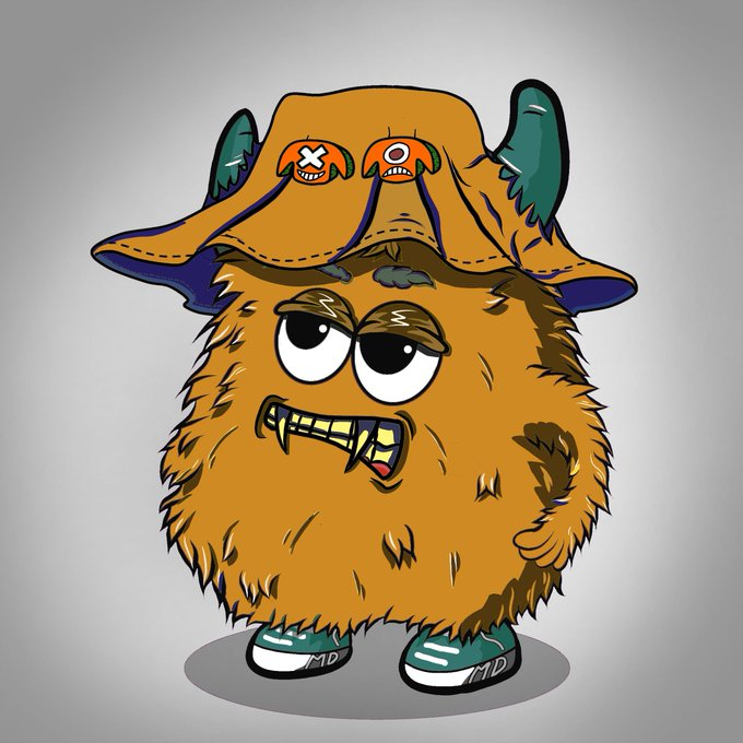 A cartoon illustration of a brown furry monster character wearing an orange hat with skull decorations, green horns, and teal sneakers labeled 'MD'.