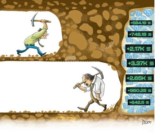 A cartoon depicting two miners digging tunnels toward diamond deposits on the right side, which display cryptocurrency profit figures such as +584.19, +748.18, +2.17K, +3.37K, +2.65K, +960.28, and +642.5 with small Ethereum-like logos.