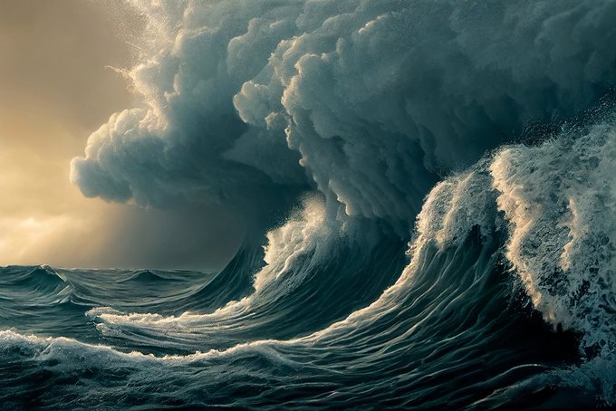 A massive stormy wave crashes beneath dark, ominous clouds on the ocean, with warm sunlight breaking through the horizon. The image's depiction of unrelenting, towering waves mirrors the described persistence of Ripple holders who keep pushing forward through turbulent conditions.