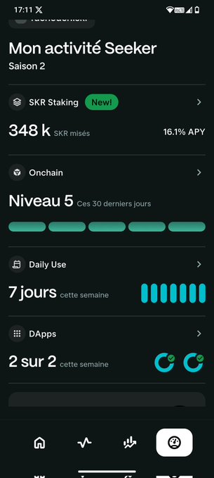 Seeker activity dashboard showing Season 2 progress with 348k SKR staked at 16.1% APY, Onchain Level 5 (top 30 days), 7 days of Daily Use this week, and 2/2 DApps completed.