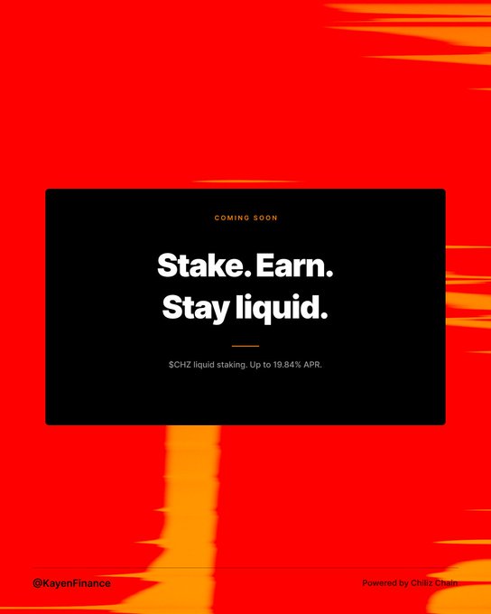 The image features a vibrant red poster for a cryptocurrency called STACE. The poster includes an advertisement that reads " Soon, your staked $CHZ stops sitting idle. +19% APR that stays liquid". This implies that once the funds are invested in STACE, they will remain active and may potentially earn a high return on investment. The text also encourages users to use the provided #stakedFinance hashtag to share their experience with STACE or inquire about its details.