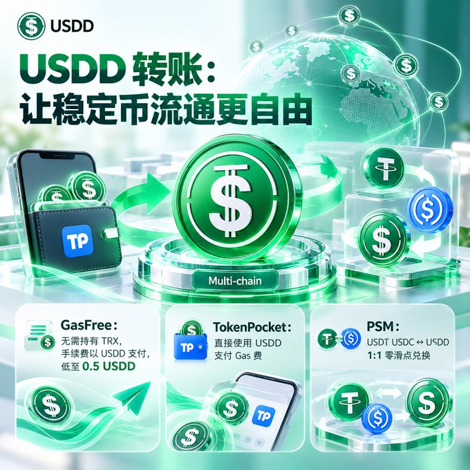 A promotional graphic titled "USDD 转账：让稳定币流通更自由" (USDD Transfers: Making Stablecoin Circulation More Free) showcases a green-themed design with USDD coin imagery, a globe, and three feature panels highlighting GasFree (paying fees as low as 0.5 USDD without holding TRX), TokenPocket integration for direct USDD gas payments, and PSM (1:1 zero-slippage exchange between USDT, USDC, and USDD). The visuals align with the post by illustrating USDD's three core tools—GasFree, TokenPocket, and PSM—that enable seamless, low-cost on-chain stablecoin transfers and exchanges.