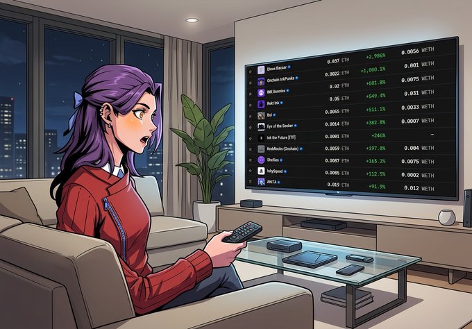 An anime-style illustration shows a purple-haired woman in a red jacket sitting on a couch and holding a remote, while watching a large TV displaying cryptocurrency prices including ETH amounts and percentage gains for various tokens.