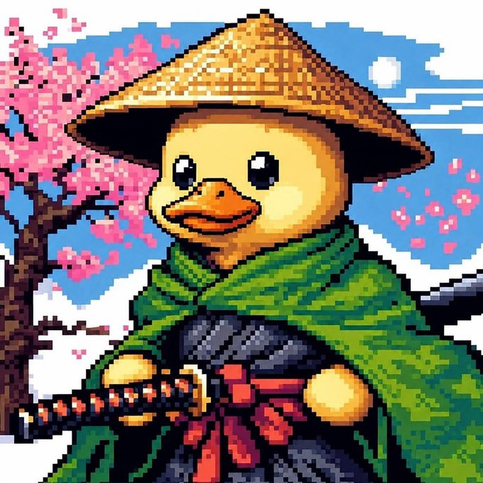 A pixel art illustration of an anthropomorphic duck wearing a traditional conical straw hat and green cloak, holding a katana against a backdrop of cherry blossoms.