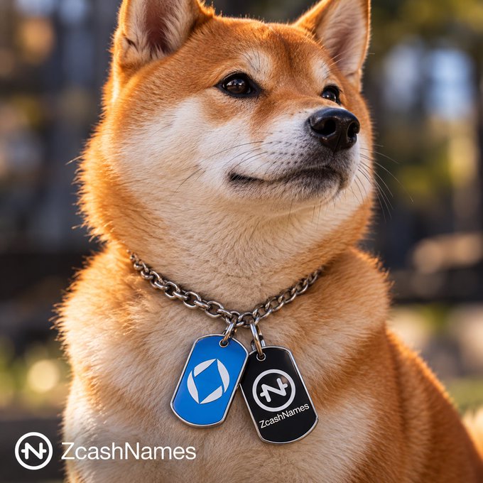 A Shiba Inu dog wears dog tags branded with the ZcashNames logo on a chain around its neck.
