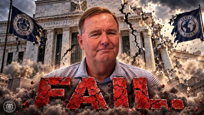 A promotional thumbnail featuring a man's face superimposed over a crumbling Federal Reserve building flanked by flags labeled 'FEDERAL RESERVE' and 'CENTRAL BANKS', with bold red text reading 'FAIL.' at the bottom.