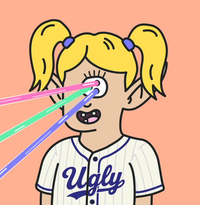 A cartoon illustration of a blonde girl with pigtails wearing a white 'Ugly' baseball jersey, with colorful laser beams shooting out of her single large eye against a peach background.