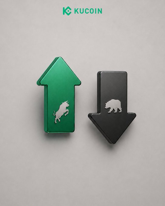 The image shows a KuCoin-branded graphic featuring a green upward arrow with a bull icon and a black downward arrow with a bear icon, representing the classic bull/bear market sentiment choice. It visually reinforces the post's theme of choosing a directional bias for the week ahead.