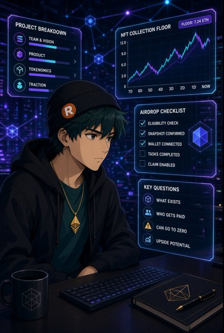 An anime-style illustration of a young man with green hair and a beanie sitting at a desk with holographic screens displaying 'PROJECT BREAKDOWN', 'NFT COLLECTION FLOOR', an 'AIRDROP CHECKLIST', and 'KEY QUESTIONS'.