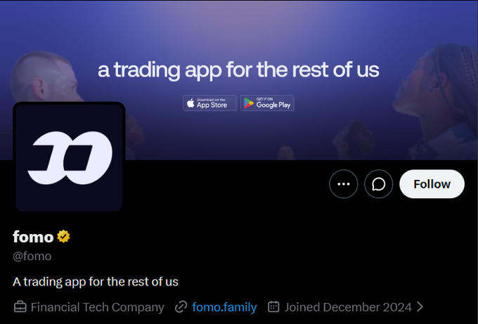 A Twitter/X profile page for 'fomo' (@fomo), a Financial Tech Company, with the tagline 'a trading app for the rest of us' and links to download on the App Store and Google Play.