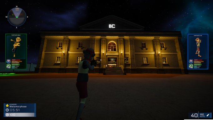 A screenshot from a video game showing a character holding a gun in front of a large, illuminated building labeled "DC". The game interface shows player stats for "Metamorphose" on the left and a timer reading "05:51".