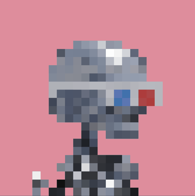 A pixel art character on a pink background, appearing to be a stylized figure wearing goggles or a helmet.