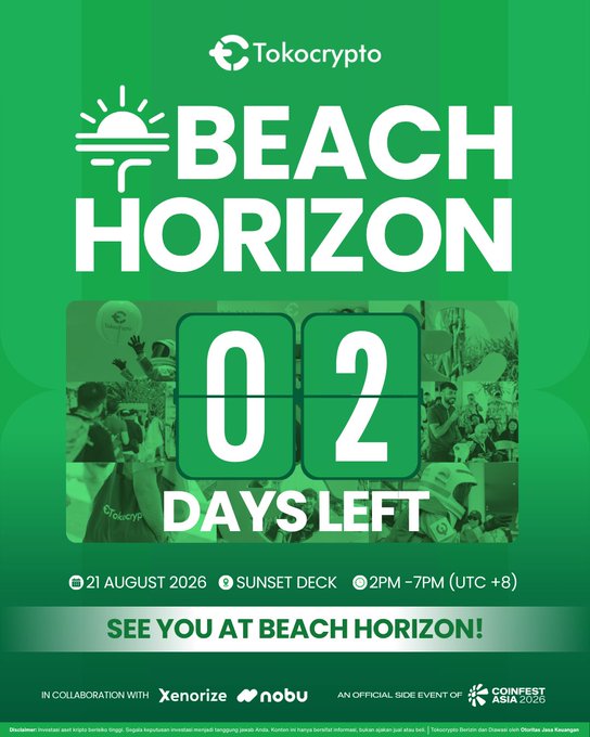 A Tokocrypto promotional poster for "Beach Horizon" event displays a countdown showing "02 DAYS LEFT" against a green background with crowd imagery, announcing the event on 21 August 2026 at Sunset Deck from 2PM-7PM (UTC+8), in collaboration with Xenorize and Nobu as an official side event of Coinfest Asia 2026. The image visually reinforces the post's "2 DAYS TO GO" countdown message, emphasizing the upcoming beach-themed crypto networking gathering.