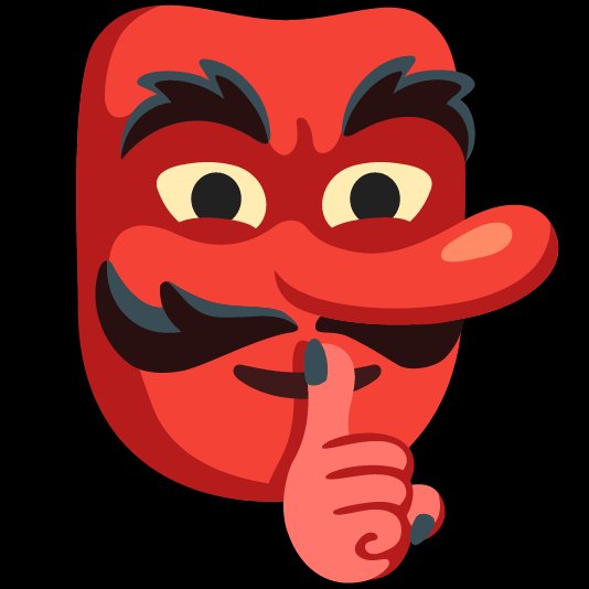 A cartoonish red mask with thick black eyebrows, a mustache, and a long nose holds a pink-gloved finger up to its lips in a 'shh' gesture.