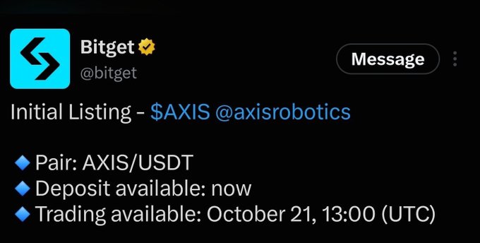 A Twitter/X post from Bitget (@bitget) announcing the Initial Listing of $AXIS @axisrobotics, with the AXIS/USDT pair, deposit available now, and trading available October 21, 13:00 (UTC).
