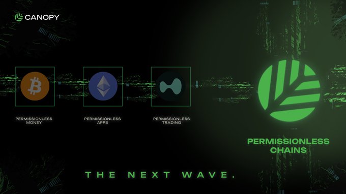The Canopy logo is shown next to icons for Bitcoin (Permissionless Money), Ethereum (Permissionless Apps), and a third platform (Permissionless Trading), illustrating "The Next Wave" of Permissionless Chains. This image supports the post by visually representing the foundational elements of the blockchain ecosystem that Canopy is strengthening with its acquisition.