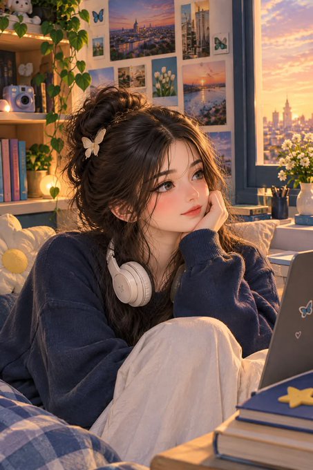 An anime-style illustration of a girl with dark hair in a bun, wearing a navy blue sweater and white headphones, sitting on a bed with a laptop in a cozy, plant-filled room with city views.