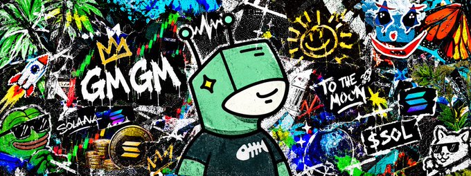 A colorful graffiti-style digital artwork features a green blocky character with antennas surrounded by tags including 'GMGM', 'TO THE MOON', 'SOLANA', and '$SOL', along with various cartoonish elements like a sun face, rocket, and Pepe-like frog.