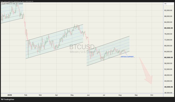 A TradingView candlestick chart of BTCUSD (Bitcoin / U.S. Dollar) from 2016, displaying an upward trend channel with parallel support lines and a labeled "CRITICAL SUPPORT" point near $60,000, followed by a projected bearish arrow pointing sharply downward—illustrating the kind of dramatic and potentially misleading price prediction that draws skepticism from viewers like the commenter who called it "bs" despite its 800 likes.