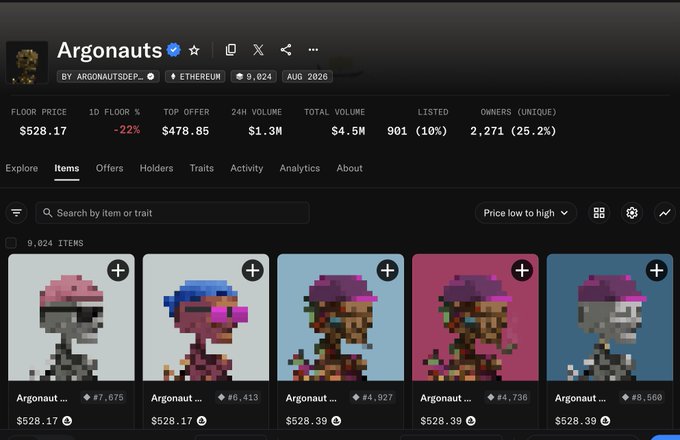 An OpenSea NFT collection page for 'Argonauts' on Ethereum, showing floor price of $528.17 with pixel art characters listed.