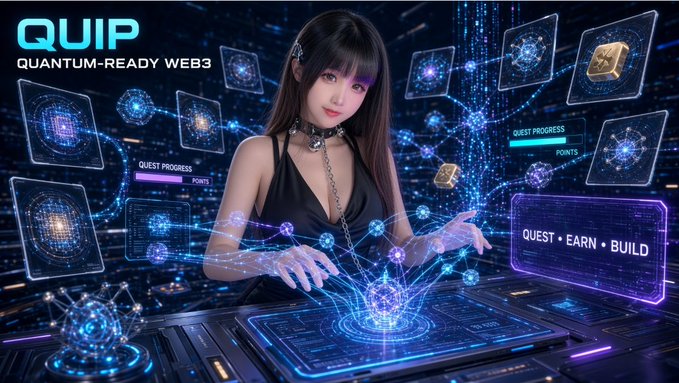 A promotional image for 'QUIP QUANTUM-READY WEB3' featuring an anime-style character interacting with glowing blue holographic interfaces displaying 'QUEST PROGRESS' and 'QUEST • EARN • BUILD'.