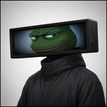 A surreal image of a figure wearing a black puffer jacket with a retro CRT television for a head displaying the smug Pepe the Frog meme face.