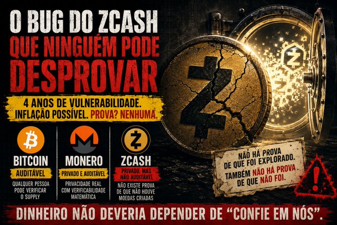 The image features an advertisement for Bitcoin, which includes a clock with a dollar sign symbolizing the currency of Bitcoins. The text in the image reads "o bug do zcash que ningúde podeado desprová-lo descrito por ZECash". This suggests that there is a connection between Bitcoin and the vulnerability exposed by the vulnerability in the image, which is related to the vulnerability being addressed by the Bitcoin community. The post also mentions that there are four years of concern over this issue, indicating that it has been an ongoing problem for quite some time.