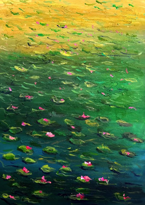 An impressionistic painting of a pond filled with green lily pads and pink water lilies, with yellow-gold reflections shimmering on the water's surface.