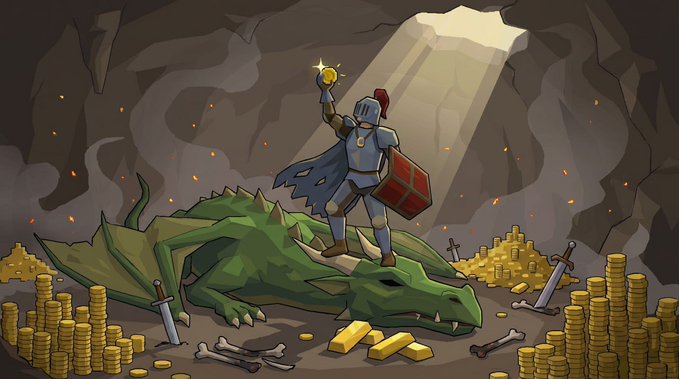 A cartoon illustration of a knight in armor standing triumphantly atop a slain green dragon in a cave, holding up a glowing gold coin amid piles of gold coins and scattered swords.