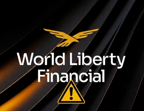 A graphic displaying "World Liberty Financial" with a golden eagle logo and a yellow warning triangle, set against a dark, textured background.