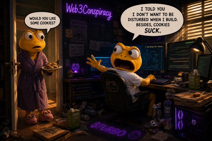 A cartoonish scene with two frog-like characters in a dark room filled with monitors and conspiracy posters; one offers cookies while the other replies 'I TOLD YOU I DON'T WANT TO BE DISTURBED WHEN I BUILD. BESIDES, COOKIES SUCK.' under a neon 'Web3Conspiracy' sign.