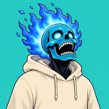 An illustration of a skeletal figure with blue flames emanating from its head, wearing a cream-colored hoodie against a teal background.