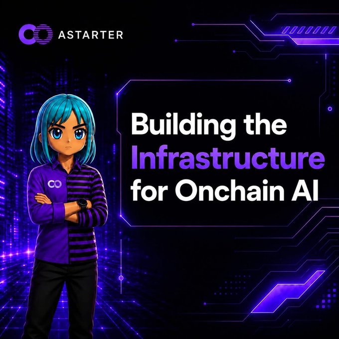 A promotional graphic for Astarter features an anime character with teal hair wearing a branded purple shirt, alongside the text 'Building the Infrastructure for Onchain AI.'