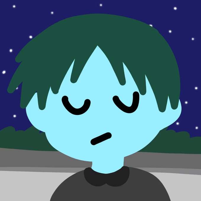 A simple cartoon drawing features a blue-skinned character with green hair and a neutral expression against a starry night sky.