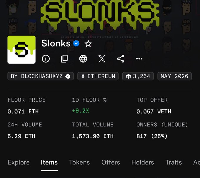 A cryptocurrency NFT collection page for 'Slonks' (by Blockhashxyz) on Ethereum, showing a floor price of 0.071 ETH, 24-hour volume of 5.29 ETH, and 817 unique owners.