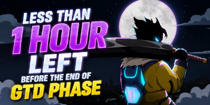 A promotional banner featuring an anime-style samurai character with glowing blue accents, silhouetted against a full moon, announces "LESS THAN 1 HOUR LEFT BEFORE THE END OF GTD PHASE," matching the urgent countdown message about the GTD phase ending on the Nob collection's OpenSea page.