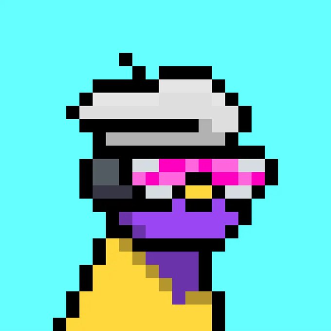 Pixelated pixel art of a dog wearing pink sunglasses, a purple shirt, and yellow pants against a turquoise background, celebrating National Dog Day with the Doginal Dogs hitting an all-time high.