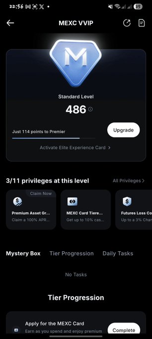 A mobile app screen titled 'MEXC VVIP' shows a 'Standard Level' gem with a score of 486, listing privileges like 'Premium Asset Gr...', 'MEXC Card Tiere...', and 'Futures Loss Co...'.