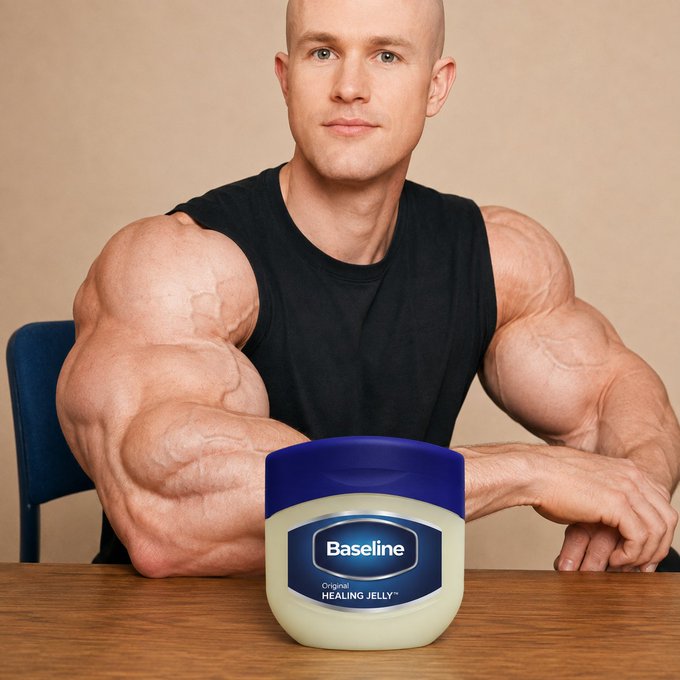 A muscular man with exaggerated, disproportionately large arms sits at a table behind a jar labeled "Baseline Original Healing Jelly," satirizing the post's claim of "Baseline" being the official decentralized Base lubricant approved by Brian Armstrong through absurd, meme-like visual humor.