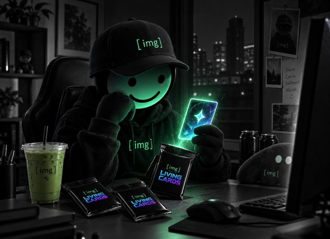 A dark, stylized image of a person wearing a black cap and hoodie with a glowing green smiley face, holding what appears to be Living Cards merchandise in a tech-setup environment.
