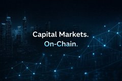 The image features a city skyline with blue dots representing stock market data points, creating an abstract representation of capital markets. The text "Capital Markets. On-chain." is displayed above this visual representation, indicating that the content is related to cryptocurrency or blockchain technology.