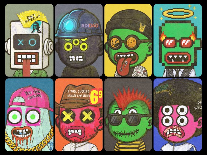 A grid of eight colorful, quirky cartoon character illustrations featuring various monsters and robots with stylized features, text including 'BUILT DIFFERENT', 'ADIDAO', 'YOU SAW NOTHING', 'I WILL SUCCEED BECAUSE I AM BRUTAL', '69', 'I LOVE U STACY DIE FANG', and 'RIV A WAR'.