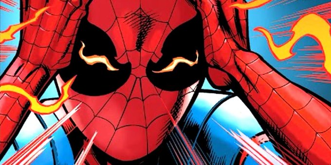 The image shows a close-up of Spider-Man's mask in comic book style, with glowing, fiery eyes set against a red webbed suit. The intense, flame-lit eyes and dynamic background perfectly capture the post's "bullish senses tingling" sentiment, conveying heightened alertness and powerful instinct as if Spider-Man has detected an exciting opportunity.