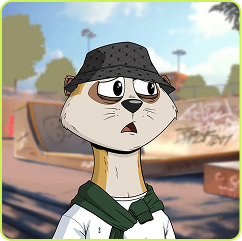 A cartoon anthropomorphic meerkat character wearing a black cap and green backpack straps, looking surprised in a skatepark setting.