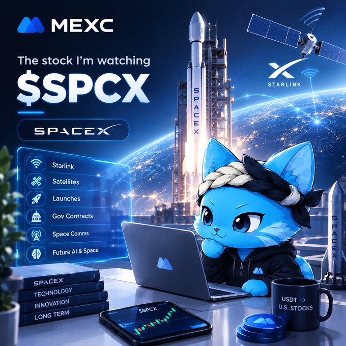 A MEXC exchange promotional graphic featuring a blue cartoon cat mascot using a laptop, with a SpaceX rocket launch in the background, a satellite orbiting Earth, and text reading "The stock I'm watching $SPCX SPACEEX" alongside menu items like Starlink, Satellites, Launches, and Space Comms.