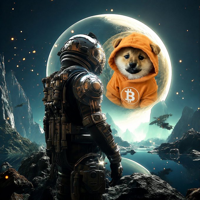 A digital artwork depicting an astronaut in detailed armor standing on a rocky alien landscape, facing a transparent bubble containing a Shiba Inu dog wearing an orange Bitcoin hoodie against a celestial backdrop.