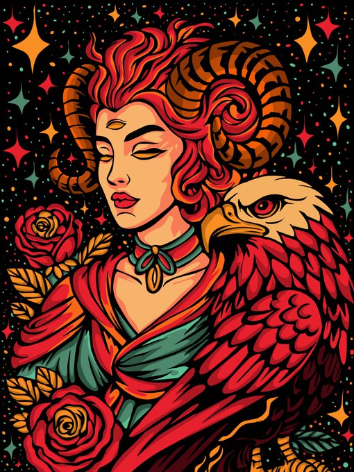 A vibrant stylized illustration of a woman with red hair and ram horns alongside a red eagle, surrounded by stars and roses in a celestial, psychedelic art style.