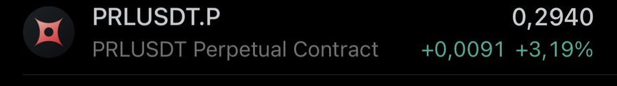 The image displays a PRLUSDT perpetual contract trading pair showing a current price of 0.2940 with a gain of +0.0091 (+3.19%), reflecting a significant upward move that aligns with the post claiming a 50% profit on the PRL position.