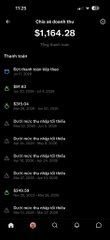 A mobile banking app screen titled "Cách sử dụng thẻ" (How to use card) displaying a "Tổng tiền" (Total amount) of $1,164.28, with a list of recent transactions including "Đặt vé xem Stay Alive" and multiple "Quẹt thẻ thanh toán GO tại Asim" entries ranging from $97.31 to $113.16.
