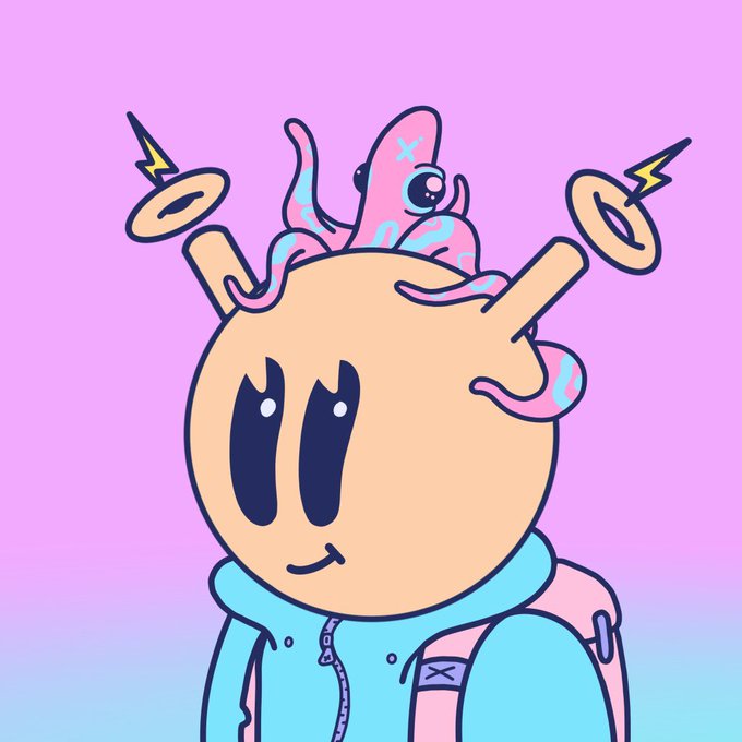 A cartoon character with a peach-colored round head wearing a light blue hoodie, topped with a pink creature and floating halo-like rings with lightning bolts against a pink-to-blue gradient background.